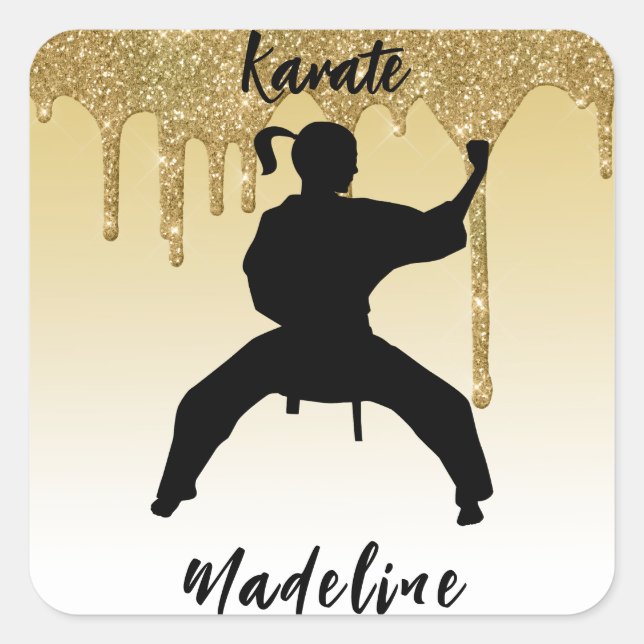 Girls Karate Stance Gold Glitter Drip Ombre   Square Sticker (Front)