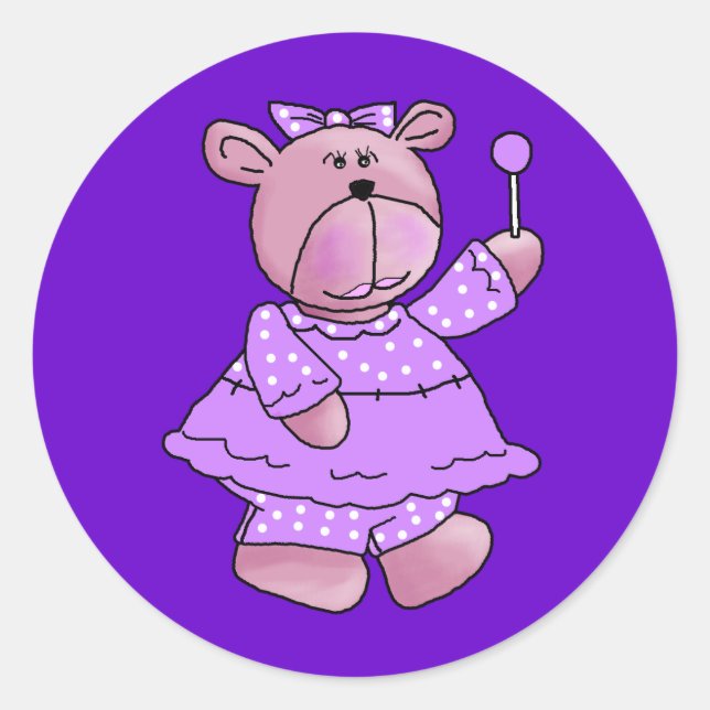 Girls Kid's Purple Lollipop Bear Classic Round Sticker (Front)