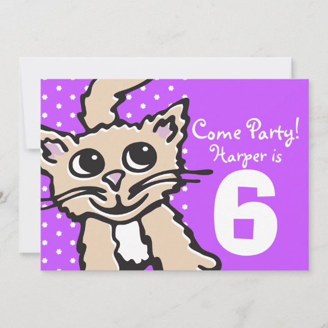 Girls kitten party purple invitation (Front)