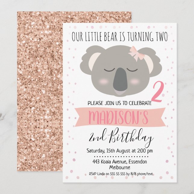 Girls Koala Bear Birthday Invitation (Front/Back)