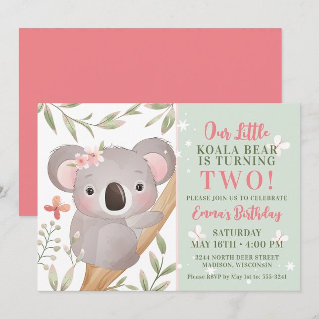 Girls Koala Birthday Party Invitation (Front/Back)