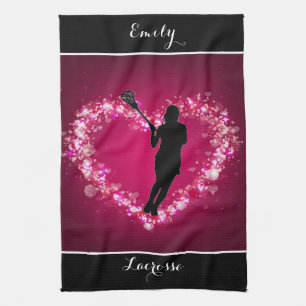 Girls Lacrosse Floating Hearts   Tea Towel