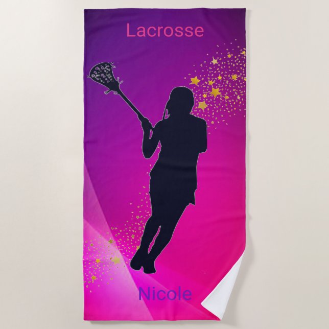 Girls Lacrosse Pink & Purple Gold Stars Beach Towel (Front)