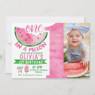 Girls Large Number In A Melon Photo 1st Birthday Invitation