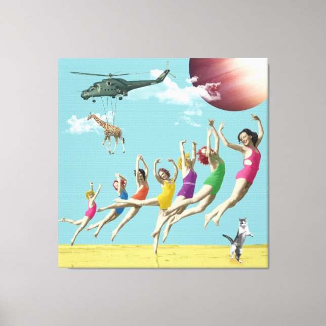 Girls Leaping Beach Retro Collage Canvas Print (Front)