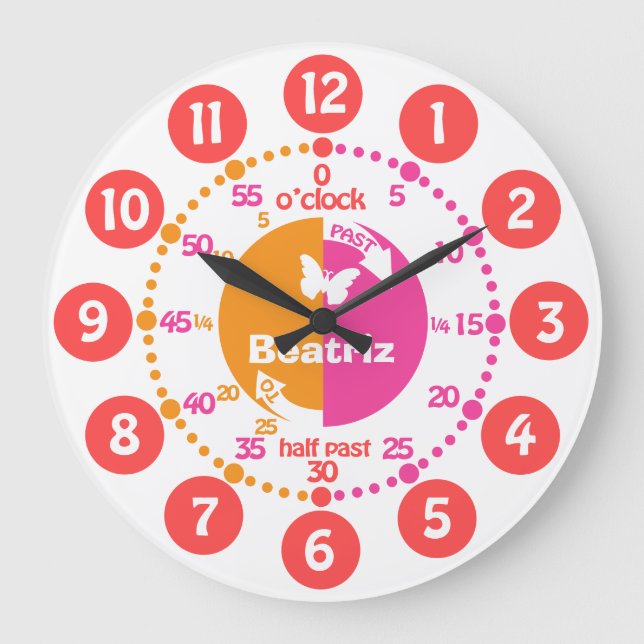 Girls learn time pink red orange name clock (Front)