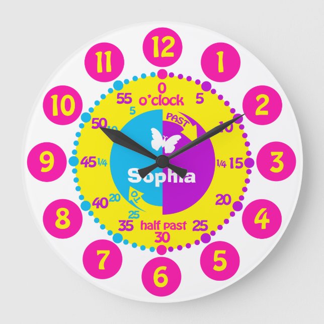 Girls learn to tell time bright personalised clock (Front)