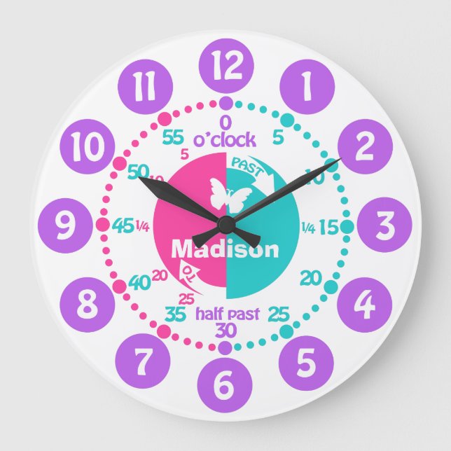 Girls learn to tell time pink aqua name clock (Front)