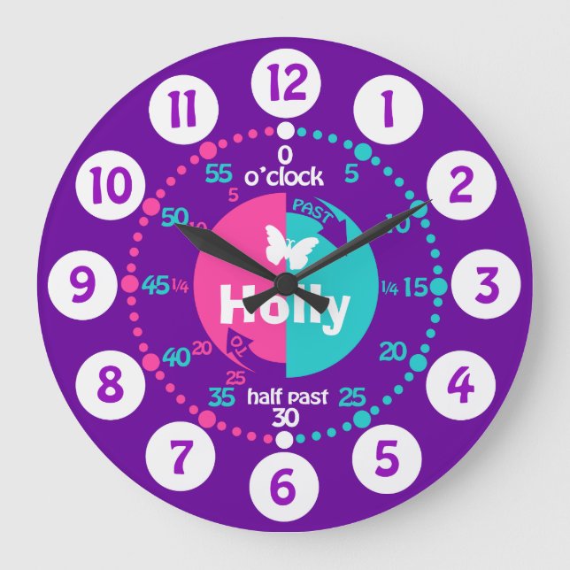 Girls learn to tell time pink aqua name clock (Front)