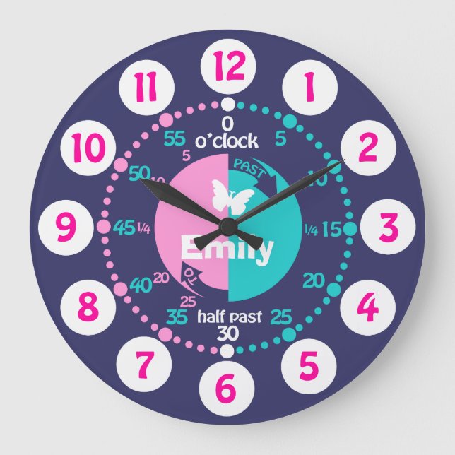 Girls learn to tell time pink blue aqua name clock (Front)