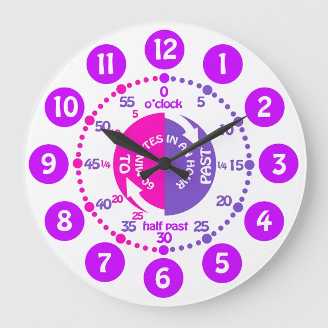 Girls learn to tell time pink purple kids clock (Front)