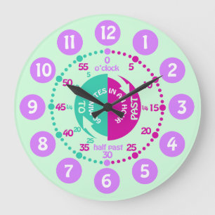 Girls learn to tell time purple mint wall clock