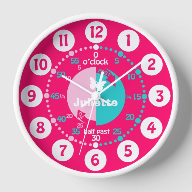 Girls learn to tell time red pink aqua name clock (Front)