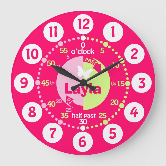 Girls learn to tell time red pink green name clock (Front)