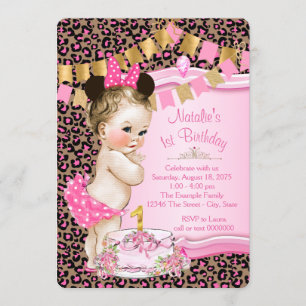 Girls Leopard 1st Birthday Invitation
