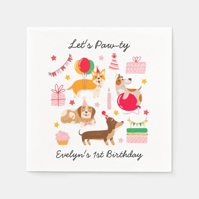 Girl's Let's Pawty Party Ready Dogs Birthday  Napkin (Front)