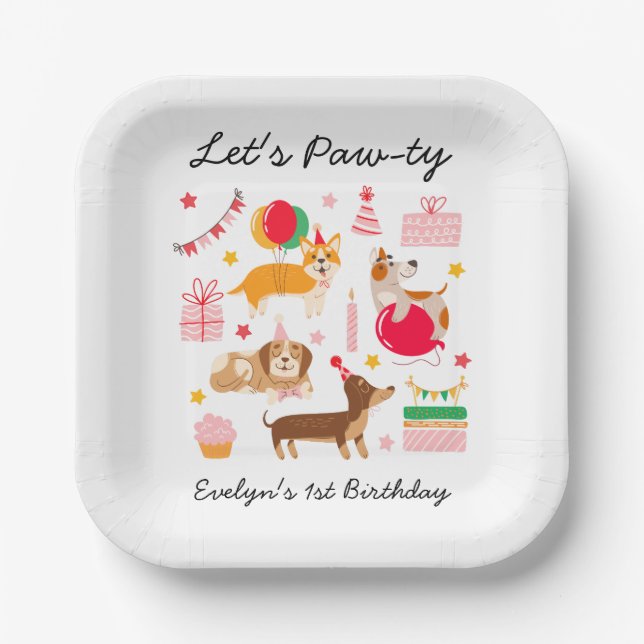 Girl's Let's Pawty Party Ready Dogs Birthday Paper Plate (Front)
