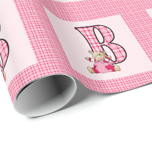 Girls Letter 'B' with Teddy Bear and Pink Gingham Wrapping Paper