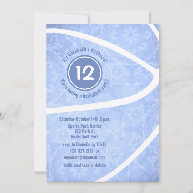 girls light blue basketball birthday party invitation (Front)
