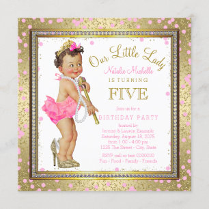 Girls Little Lady 5th Birthday Party Pink Gold Invitation