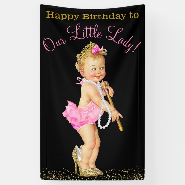 Girls Little Lady High Heels Pearls Birthday Party Banner (Vertical)