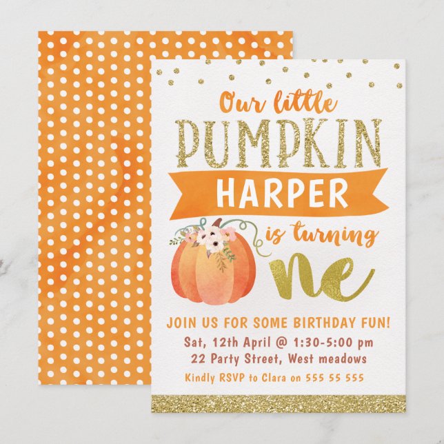 Girls Little Pumpkin 1st Birthday Invitation (Front/Back)