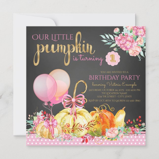 Girls Little Pumpkin Chalk Birthday Invitations (Front)