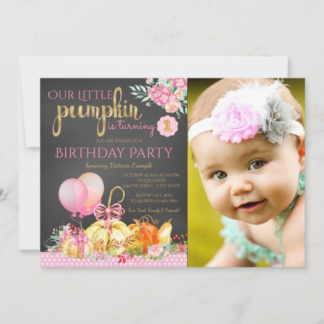 Girls Little Pumpkin Chalkboard First Birthday Invitation (Front)