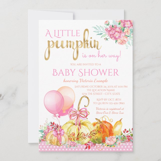 Girls Little Pumpkin Fall Baby Shower Invitations (Front)
