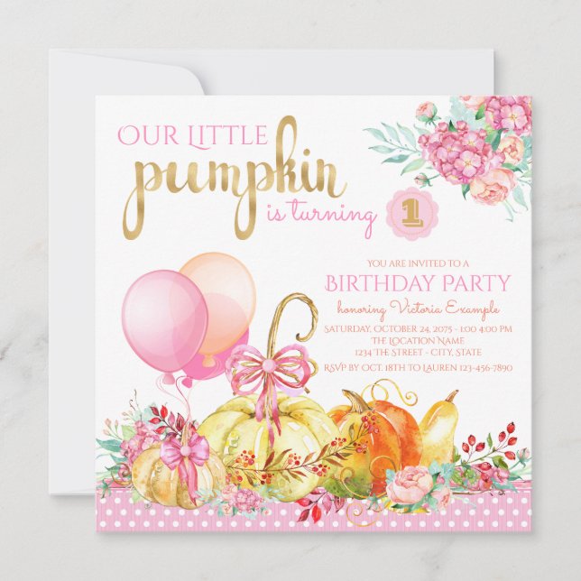 Girls Little Pumpkin First Birthday Invitations (Front)