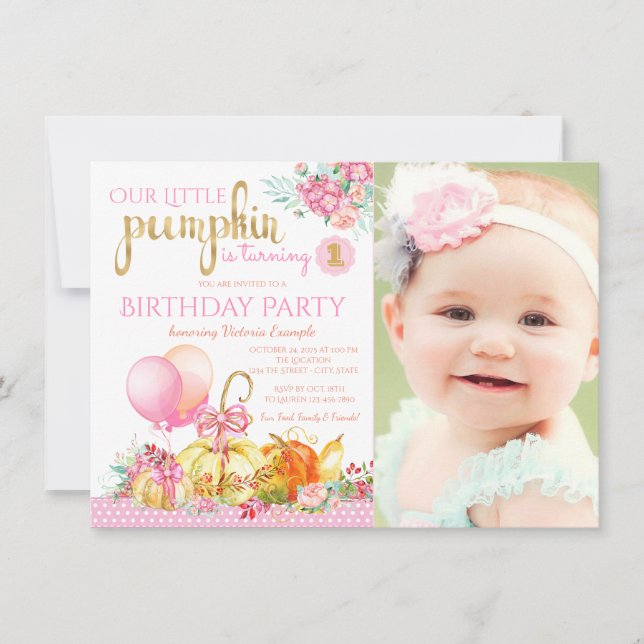 Girls Little Pumpkin Photo First Birthday Invitation (Front)