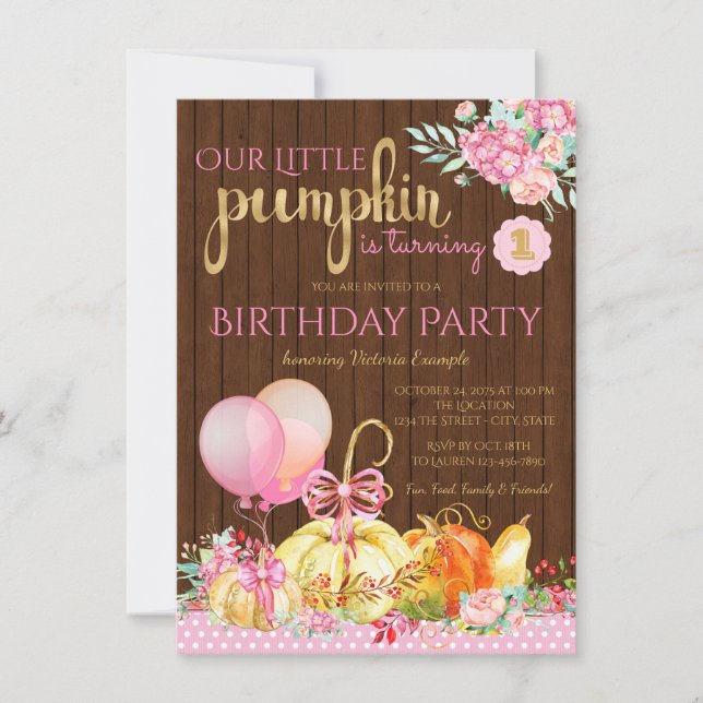 Girls Little Pumpkin Rustic Wood 1st Birthday Invitation (Front)
