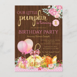 Girls Little Pumpkin Rustic Wood 1st Birthday Invitation