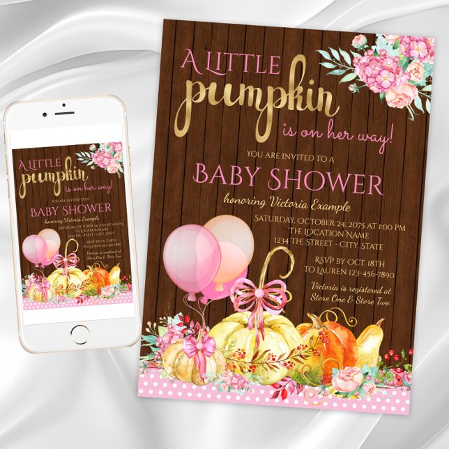 Girls Little Pumpkin Rustic Wood Fall Baby Shower Invitation (Little pumpkin baby shower invitation. Instant download and printed invitations available.)