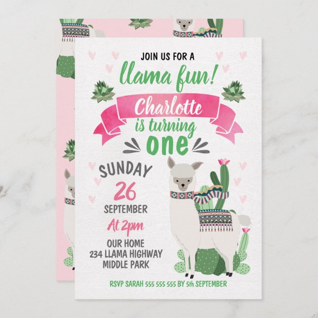 Girls Llama Birthday Invitation (Front/Back)
