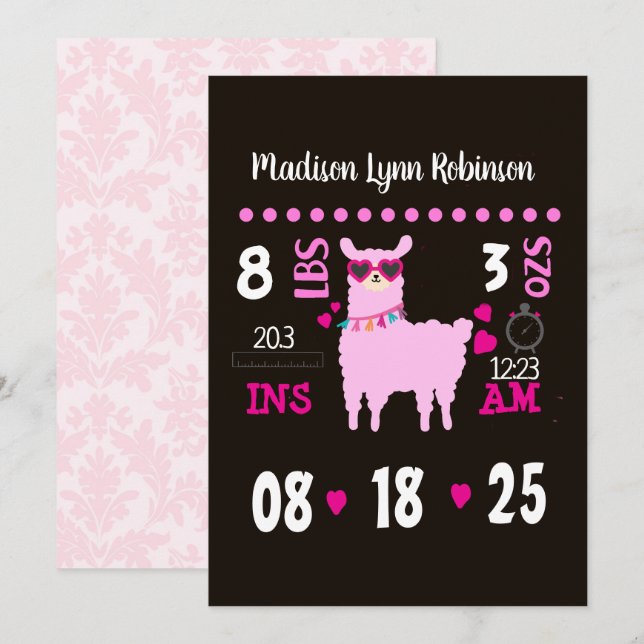 Girls llama  Photo Birth Announcement (Front/Back)