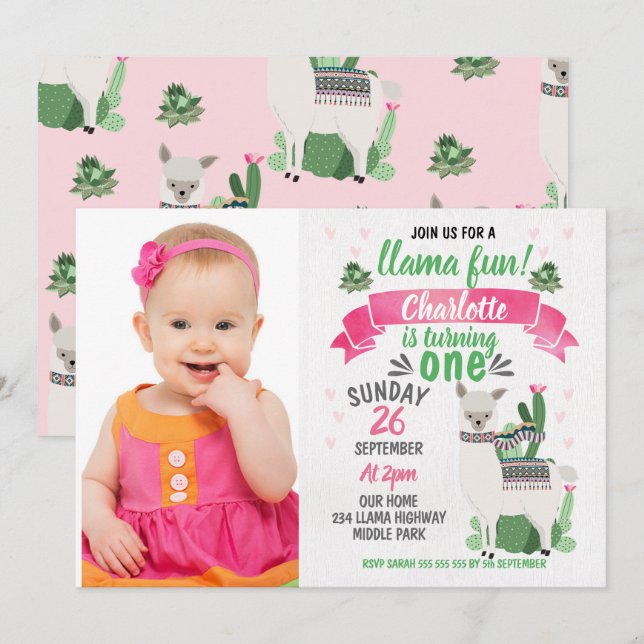 Girls Llama Photo Birthday Invitation (Front/Back)
