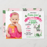 Girls Llama Photo Birthday Invitation