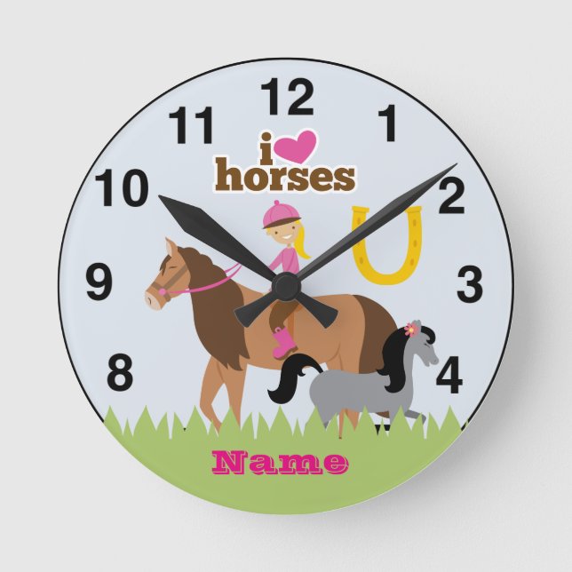 Girls Love Horses Cute Gift Personalised Round Clock (Front)