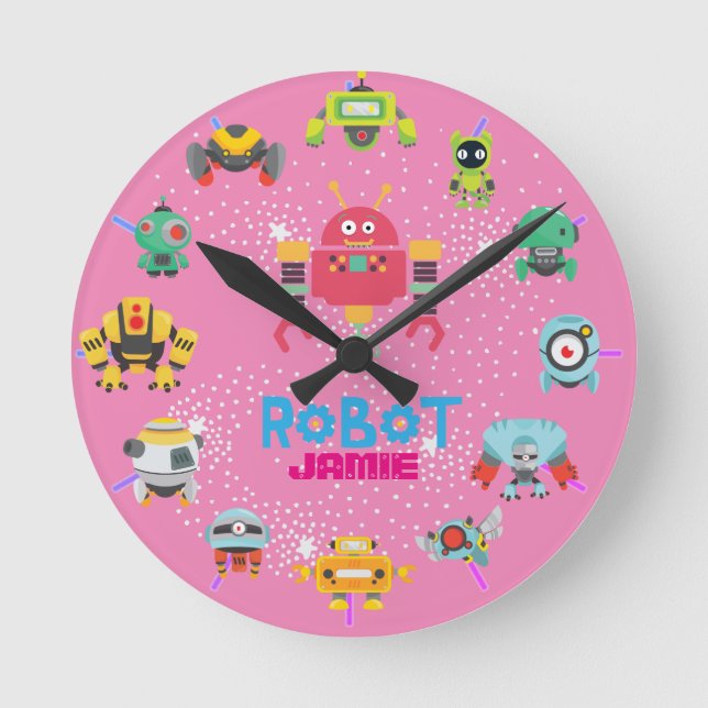 Girls Love ROBOTS Pink Funny Cartoon Round Clock (Front)