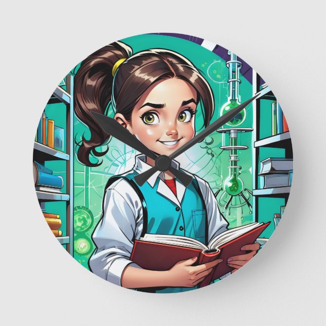 Girls Love Science! Round Clock (Front)