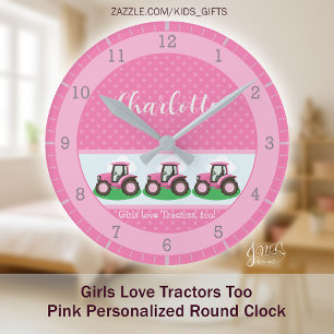 Girls Love Tractors Pink Personalized Farm Design Round Clock