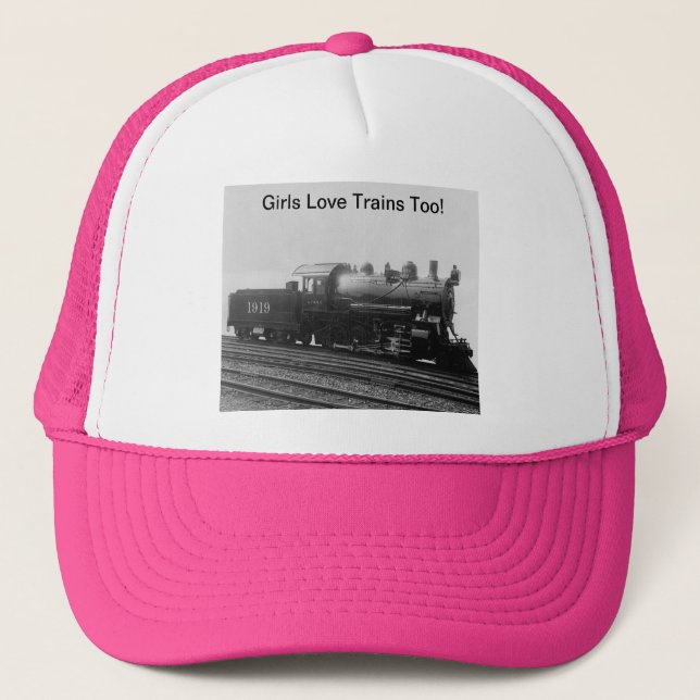 Girls Love Trains Too! Steam Engine Train Trucker Hat (Front)