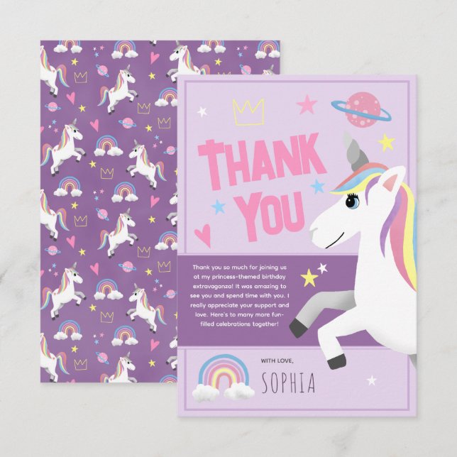 Girls Magical Purple Unicorn Kids Birthday Thank You Card (Front/Back)
