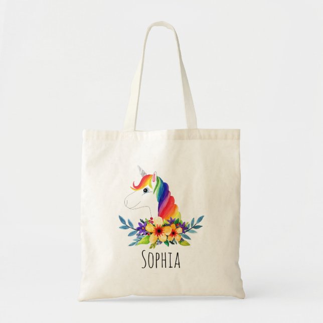 Girls Magical Rainbow Unicorn and Name Kids Tote Bag (Front)