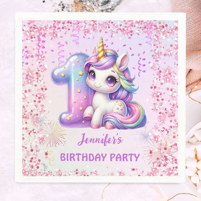 Girls Magical Unicorn 1st Birthday Party Napkin (Creator Uploaded)