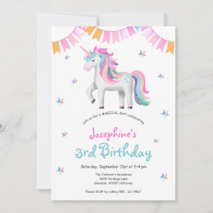 Girls Magical Unicorn 3rd Birthday Party Invitation
