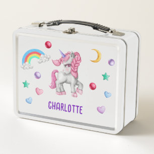Girls Magical Unicorn Rainbow Kids Personalised Metal Lunch Box