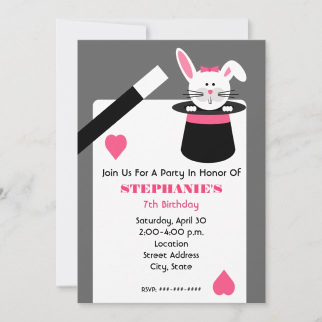 Girl's Magician Birthday Party - Rabbit In A Hat Invitation (Front)