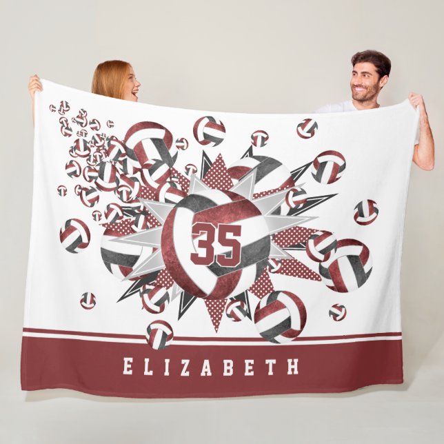 girls maroon black volleyballs stars sports decor fleece blanket (In Situ)